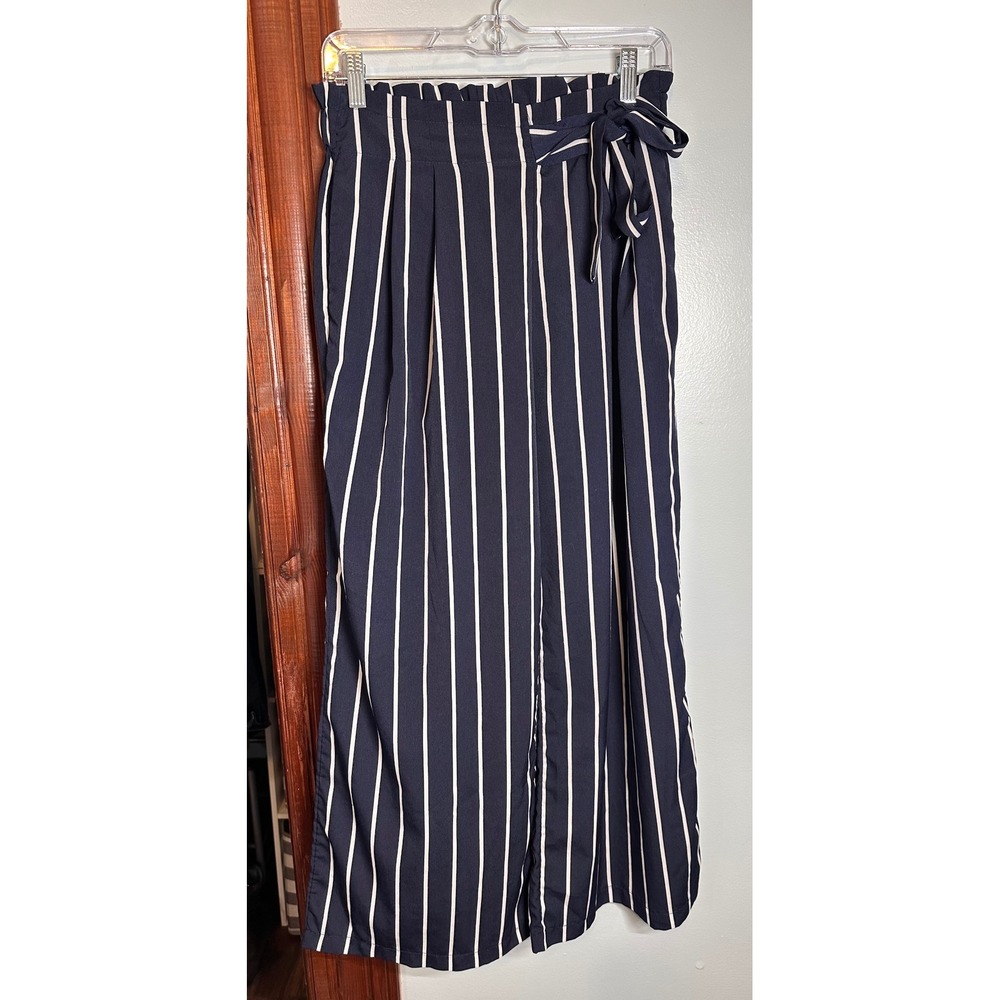 Breeze Ever Womens Navy Blue White Striped Wide Leg Paperbag Waist Pants Medium